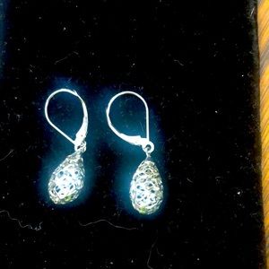 14K white gold carved diamond cut dangle ball lever back earrings